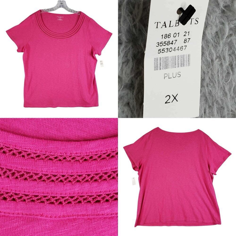 Talbots Shirt Cotton Pink Crochet Neckline Short Sleeve Women’s Size 2Xp New